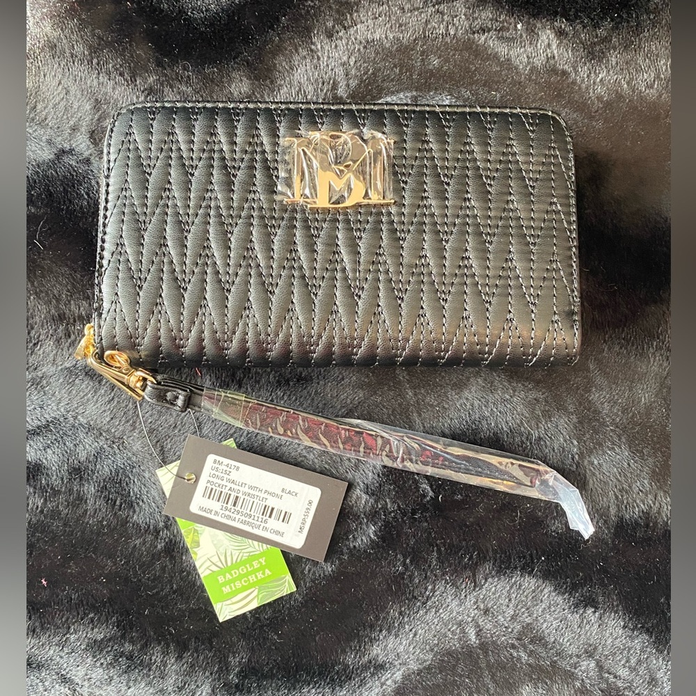 New Badgley Mischka Black Long wallet with phone pocket and wrist strap